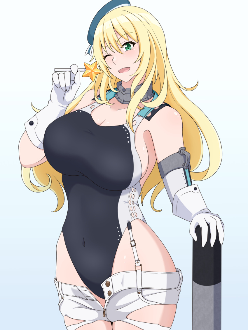 1girl aqua_hat atago_(kancolle) black_one-piece_swimsuit blonde_hair breasts chupa_chups competition_swimsuit cosplay cowboy_shot garrison_cap gloves green_eyes hair_between_eyes hair_ornament hat highleg highleg_swimsuit highres kantai_collection lactone large_breasts long_hair looking_at_viewer multicolored_clothes multicolored_swimsuit one-piece_swimsuit open_mouth scamp_(kancolle) scamp_(kancolle)_(cosplay) short_shorts shorts smile solo star_(symbol) star_hair_ornament swimsuit torpedo two-tone_swimsuit white_background white_gloves white_shorts