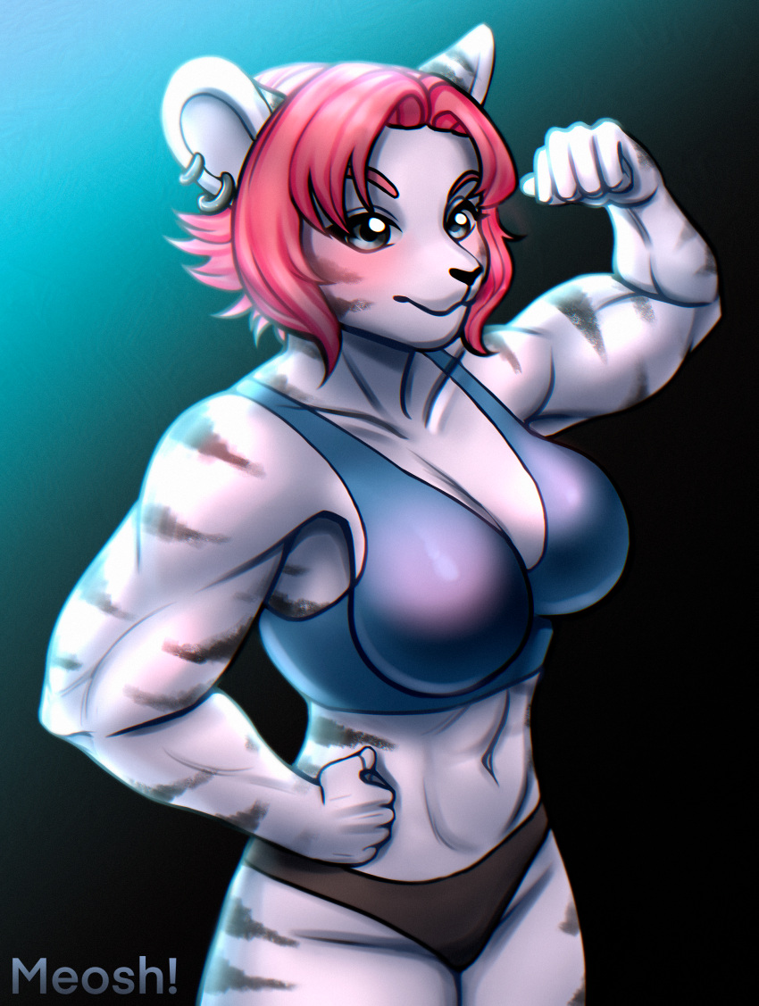 absurd_res anthro athletic_wear big_breasts blush bra breasts clothing digital_media_(artwork) felid female hair hi_res looking_at_viewer mammal meosh muscular pantherine piercing pink_hair simple_background smile smiling_at_viewer solo sports_bra sportswear strong_female tiger underwear white_body