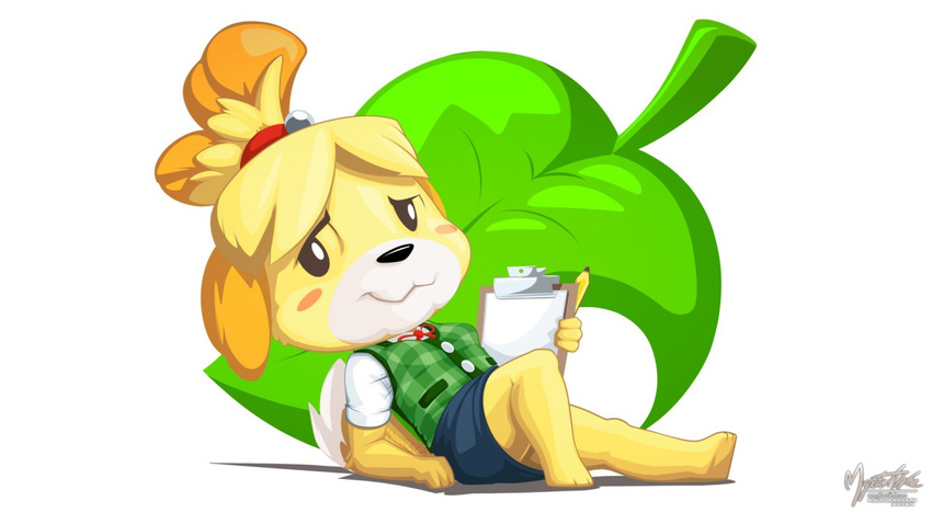 2017 animal_crossing canine clipboard clothing dog female isabelle leaf lying mammal mysticalpha nintendo pencil_(object) pose solo video_games