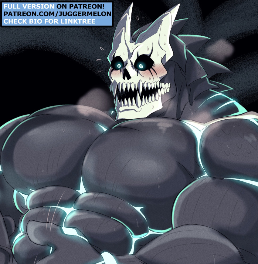 1boy abs bara black_sclera black_skin blush breath colored_sclera colored_skin completely_nude flexing_pectorals glowing glowing_eyes glowing_skin hibino_kafka highres huge_pectorals juggermelon kaijuu_no._8 male_focus monster_boy muscular muscular_male nude paid_reward_available penis_out_of_frame sanpaku sharp_teeth skull_head solo speed_lines spikes teeth