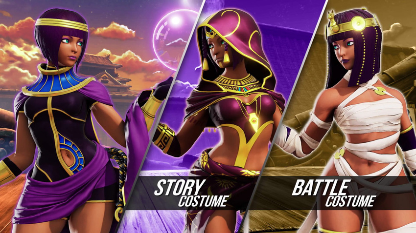 3d aqua_eyes bandage capcom egyptian menat mummy official_artwork purple_hair street_fighter street_fighter_v