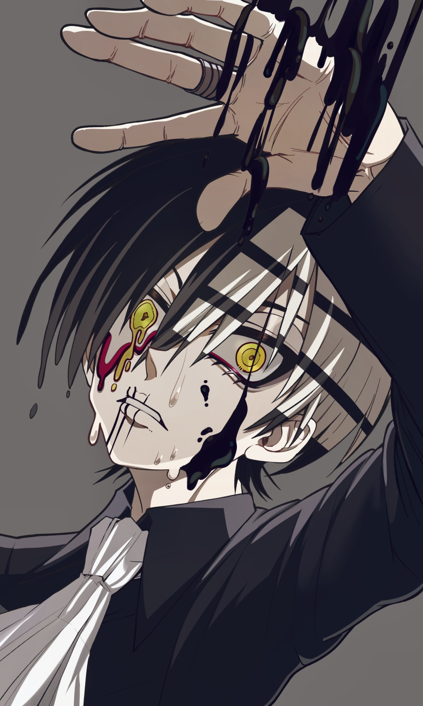 1boy absurdres ascot black_blood black_hair black_jacket blood collared_jacket death_the_kid facial_tattoo grey_background hasda highres jacket jewelry melting multicolored_hair ring ringed_eyes solo soul_eater striped_hair tattoo white_hair yellow_eyes