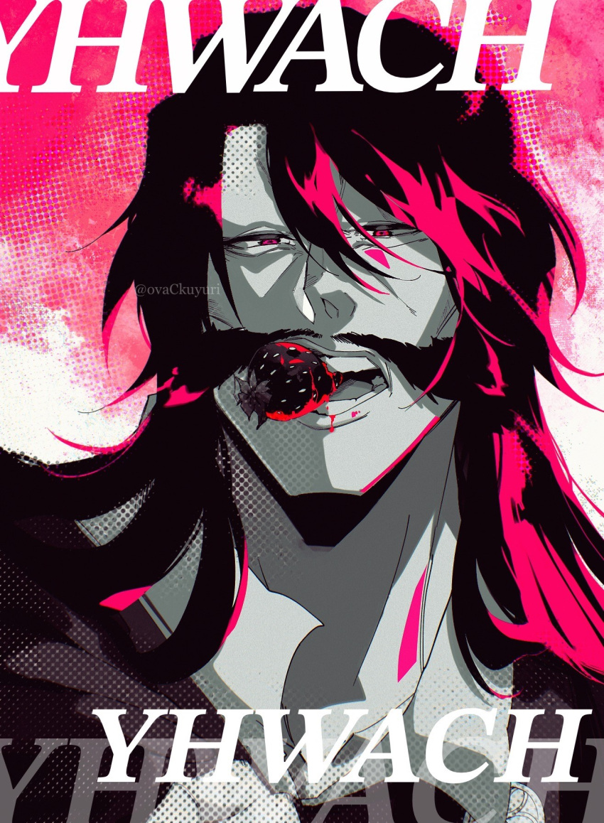 1boy black_hair bleach bleach:_sennen_kessen-hen blood character_name close-up commentary_request facial_hair food food_in_mouth fruit hair_between_eyes highres lips long_hair looking_at_viewer mustache no_eyebrows nose old old_man open_mouth ovasayuri pink_background polka_dot polka_dot_background red_eyes sexually_suggestive sidelighting simple_background solo strawberry sunken_cheeks teeth twitter_username yhwach