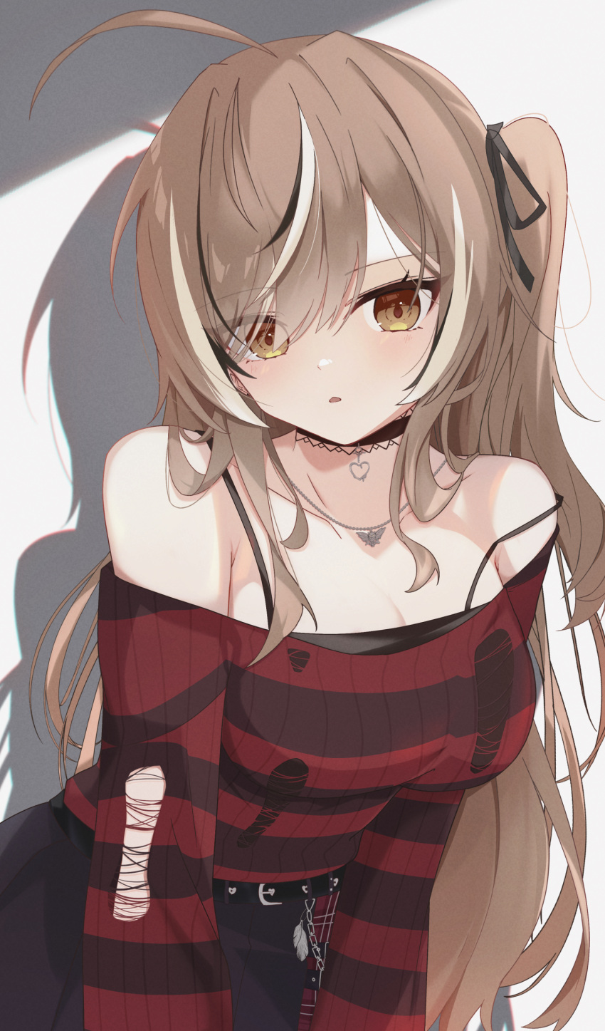 1girl absurdres ahoge belt black_belt black_choker black_hair black_ribbon black_skirt black_sweater breasts brown_eyes brown_hair choker cleavage hair_ribbon highres hololive hololive_english lace-trimmed_choker lace_trim large_breasts long_hair looking_at_viewer multicolored_hair nanashi_mumei nanashi_mumei_(emo) narukahana official_alternate_costume one_side_up red_sweater ribbon skirt solo streaked_hair striped_clothes striped_sweater sweater torn_clothes torn_sweater virtual_youtuber white_hair