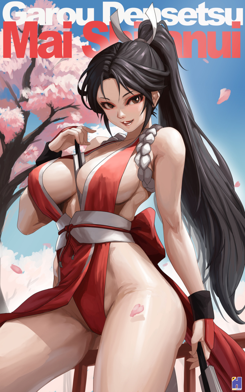 1girl black_hair breasts brown_eyes character_name cherry_blossoms copyright_name fatal_fury hand_fan high_ponytail highres holding holding_fan japanese_clothes kimono large_breasts looking_at_viewer outdoors red_kimono revealing_clothes shiranui_mai smile solo swwhenry the_king_of_fighters the_king_of_fighters_xiv thighs tree