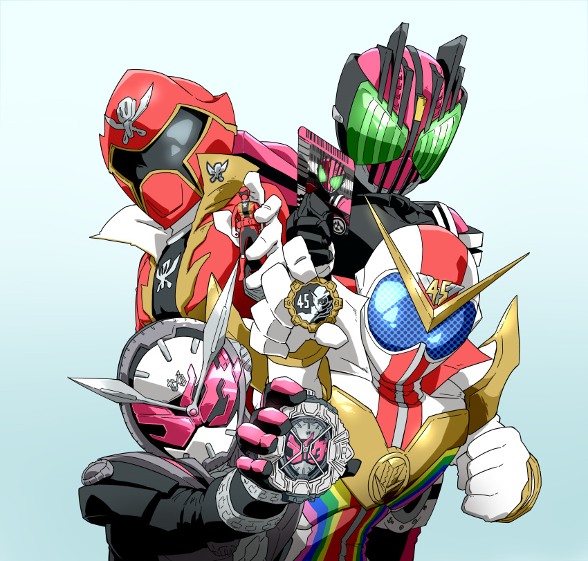 4boys absurdres armor assault_visor black_bodysuit bodysuit card clenched_hand clock company_connection crossover gokai_red helmet highres holding holding_card jacket kaizoku_sentai_gokaiger kamen_rider kamen_rider_dcd kamen_rider_decade kamen_rider_zi-o kamen_rider_zi-o_(series) kikai_sentai_zenkaiger multiple_boys naitsupic pink_armor pink_helmet power_armor power_connection ranger_key red_helmet red_jacket rider_card ridewatch sentai_gear super_sentai tokusatsu trait_connection upper_body white_bodysuit white_helmet zenkaizer