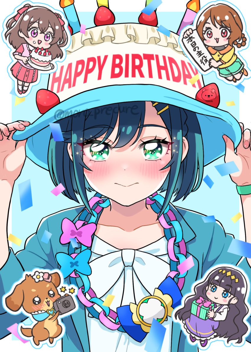 4girls adjusting_clothes adjusting_headwear birthday black_hair blazer blue_eyes blue_hair blue_hat blue_jacket blunt_bangs blush bob_cut bow braid brown_hair cake cake_hat camera casual chibi closed_mouth confetti delicious_party_precure dog food fuwa_kokone gift green_eyes hair_ornament hair_ribbon hairclip happy_birthday hat highres holding holding_camera holding_gift holding_plate jacket long_sleeves looking_at_viewer moro_precure multiple_girls pam-pam_(precure) paper_chain plate precure purple_eyes red_eyes ribbon shirt shirt_bow short_hair smile solo_focus twin_braids twitter_username two-tone_hat two_side_up watch white_bow white_hat white_shirt wristwatch