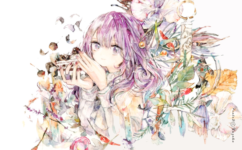 1girl flower kazuka leaf long_hair long_sleeves looking_at_viewer nail_polish original painting_(medium) purple_eyes purple_hair shortcake solo traditional_media upper_body watercolor_(medium)