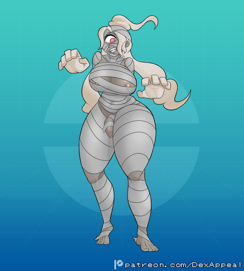 arms_tied barefoot big_breasts blonde_hair bound breasts clenched_teeth clothed clothing cyclops dex_appeal disembodied_hand dusclops feet flaccid floating_hands foreskin generation_3_pokemon genitals ghost grey_body grey_skin gynomorph hair hi_res humanoid humanoid_genitalia humanoid_penis intersex mummy mummy_wrappings nintendo nipples peeking_nipple penis pokemon pokemon_(species) pokemorph red_eyes restrained restraints simple_background skimpy solo spirit teeth thick_thighs toes undead wrapped_up