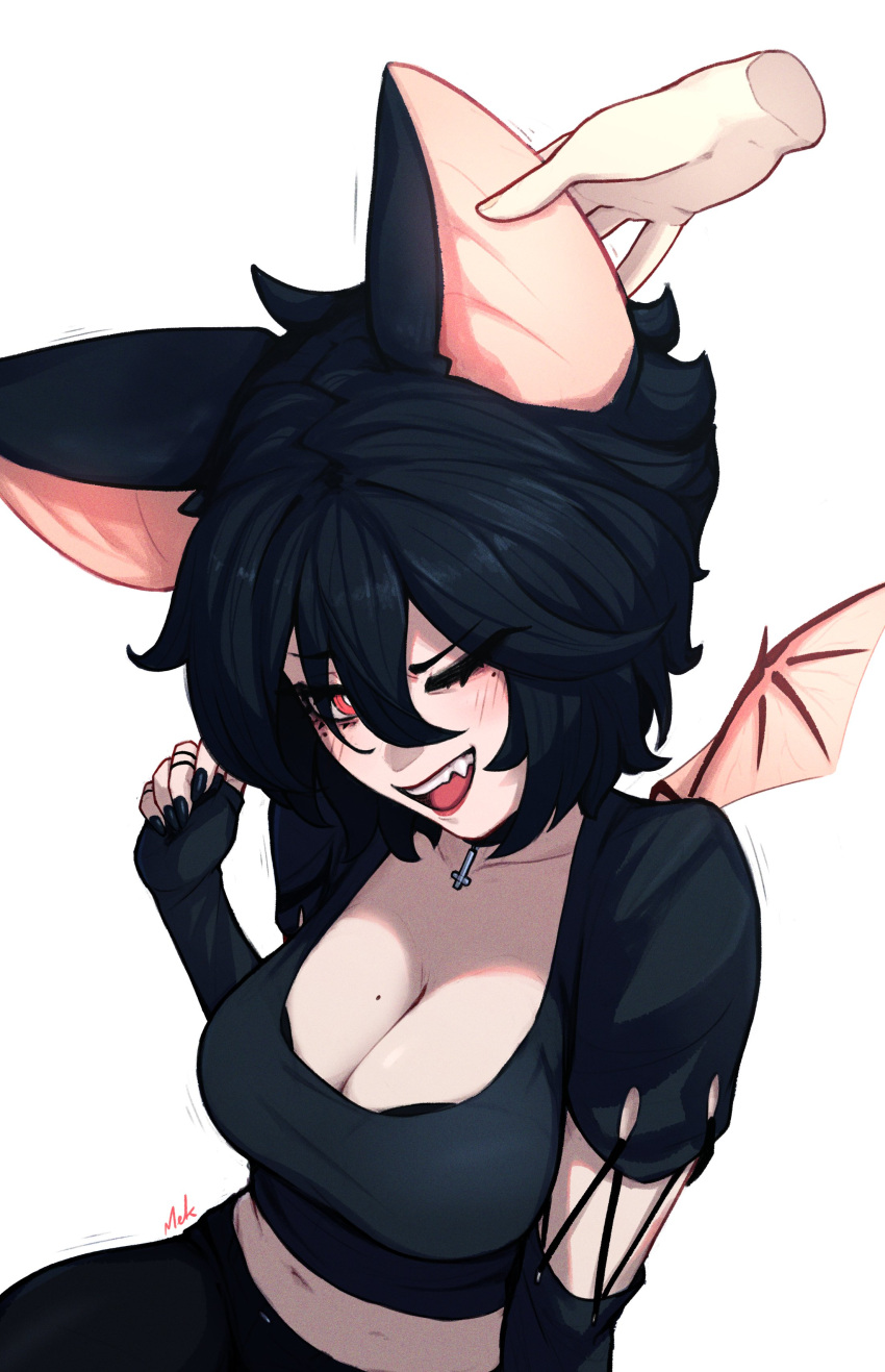 1girl absurdres animal_ears bat_ears bat_girl bat_wings black_gloves black_hair black_nails black_shirt blush bra bra_peek breasts cleavage cross cross_necklace disembodied_limb ear_fondling eargasm elbow_gloves english_commentary fingernails gloves grabbing grabbing_another's_ear hand_on_another's_ear highres jewelry large_breasts mekrani midriff mole mole_on_breast mole_under_eye multiple_moles multiple_rings necklace one_eye_closed open_mouth original red_eyes ring shirt simple_background sitting solo teeth uncommon_stimulation underwear upper_teeth_only wings
