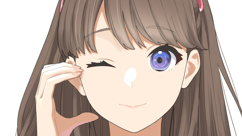 1girl ;) brown_hair close-up closed_mouth fujishima_megumi half-heart_hands hand_on_own_face hand_up highres link!_like!_love_live! long_hair looking_at_viewer love_live! one_eye_closed purple_eyes s_sho_mkrn simple_background smile solo two_side_up virtual_youtuber white_background