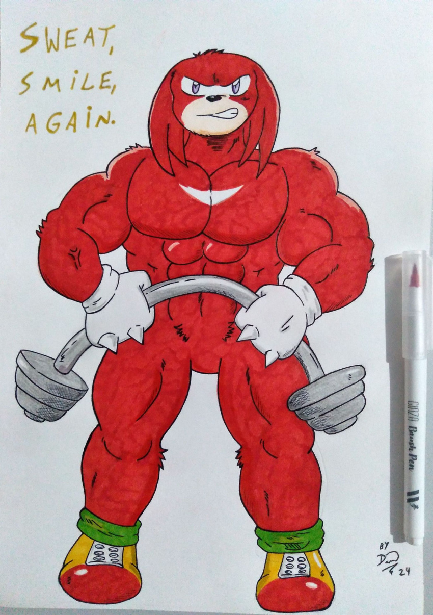 abs absurd_res anthro attitude barazoku biceps big_muscles big_pecs black_nose clenched_teeth clothing dashthefox echidna eulipotyphlan exercise footwear footwear_only gloves handwear hi_res knuckles_the_echidna male mammal monotreme mostly_nude muscular muscular_anthro muscular_arms muscular_legs muscular_male muscular_thighs nude obliques pecs purple_eyes red_body sega shoes shoes_only sonic_the_hedgehog_(series) teeth text traditional_media_(artwork) vein workout workout_equipment