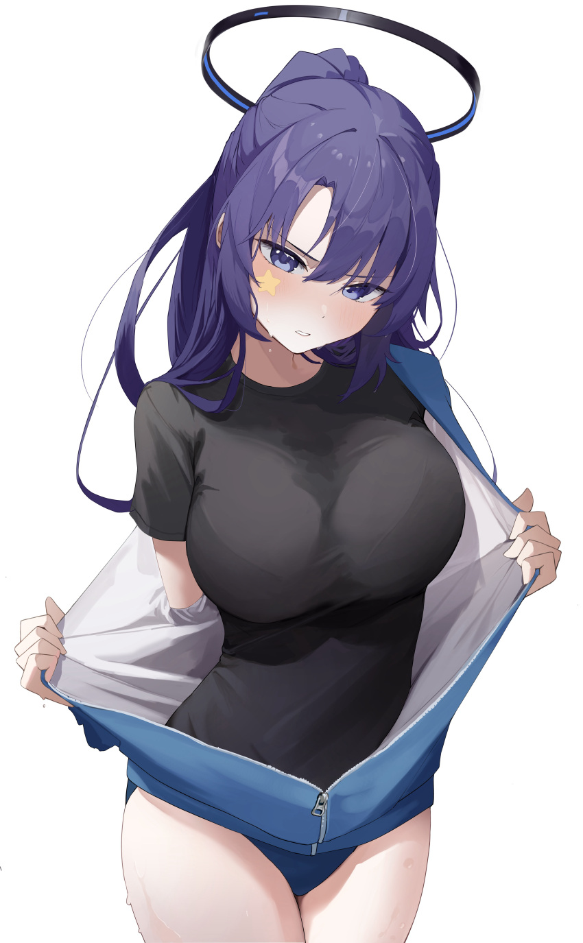 1girl absurdres angry black_shirt blue_archive blue_buruma blue_eyes blue_hair blue_jacket blush breasts buruma cowboy_shot gym_shirt gym_uniform halo highres jacket jacket_partially_removed large_breasts long_hair looking_at_viewer mechanical_halo official_alternate_costume partially_unzipped ponytail shirt sidelocks simple_background solo standing star_sticker sticker_on_face sukoyaka_konbu teeth thighs v-shaped_eyebrows white_background yuuka_(blue_archive) yuuka_(track)_(blue_archive)