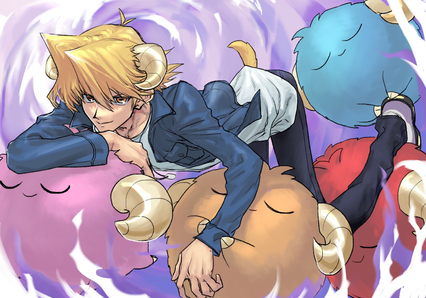 1boy blonde_hair closed_eyes dog_tags domino_high_school_uniform duel_monster floating goat goat_horns goat_tail hair_between_eyes hatakeni831 highres horizontal_pupils horns jacket jonouchi_katsuya leaning_on_animal long_sleeves looking_at_viewer male_focus orange_eyes pants scapegoat school_uniform shirt short_hair smile smoke tail yu-gi-oh! yu-gi-oh!_duel_monsters