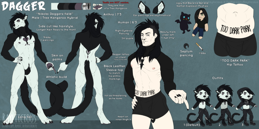 2:1 anthro black_body black_fur black_hair bottomwear cigarette clothed clothing dagger_(silitalx) eyebrow_piercing facial_piercing featureless_crotch front_view fur grey_eyes hair hi_res human lip_piercing lip_stud looking_at_viewer male mammal model_sheet mouth_closed multiple_piercings nipples nose_piercing nude piercing pink_nipples rayliicious rear_view septum_piercing solo standing topless underwear white_body white_fur