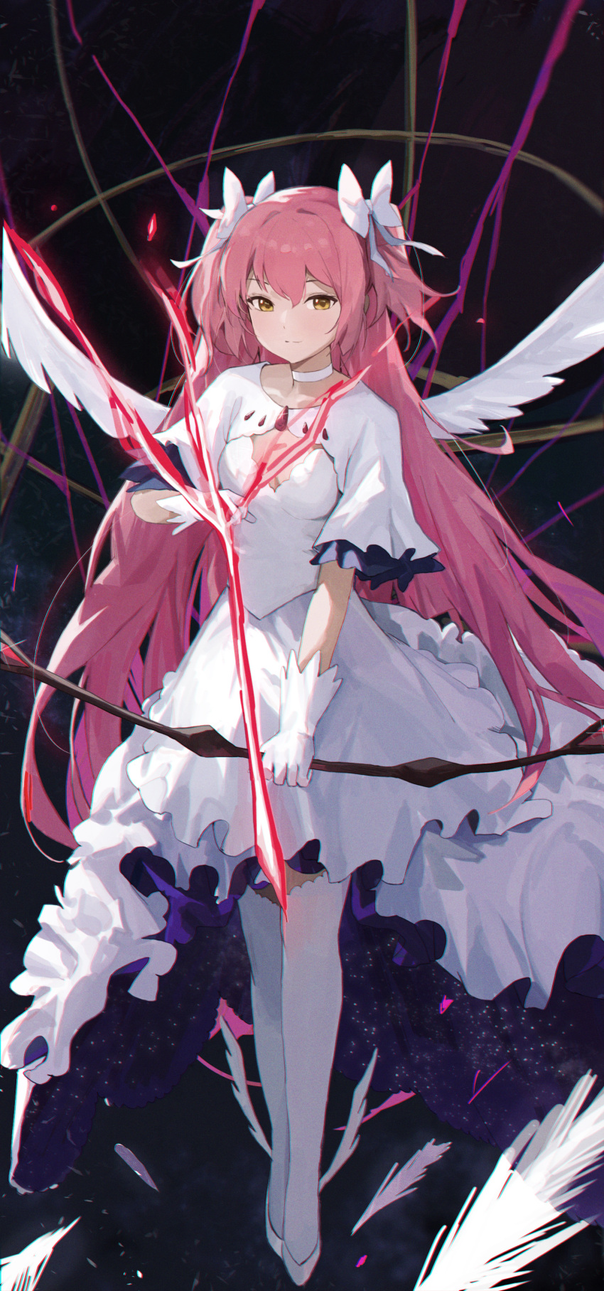 1girl absurdres ankle_wings arrow_(projectile) black_background bow bow_(weapon) breasts chest_jewel choker chromatic_aberration closed_mouth collarbone commentary dress feathers full_body glint gloves hair_between_eyes hair_bow highres holding jianjia kaname_madoka light_smile long_hair looking_at_viewer mahou_shoujo_madoka_magica mahou_shoujo_madoka_magica_(anime) pink_hair short_sleeves solo thighhighs thighs two_side_up ultimate_madoka weapon white_bow white_choker white_dress white_feathers white_footwear white_gloves white_thighhighs white_wings wings yellow_eyes