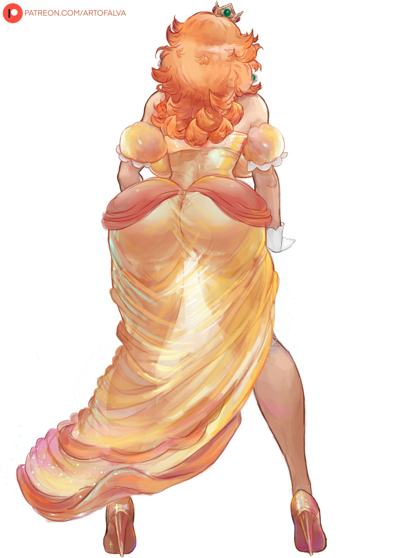 1girl absurdres alva_(artofalva) artist_name ass ass_focus backboob bare_shoulders breasts crown cutesexyrobutts_(style) dress earrings from_behind high_heels highres jewelry legs mario_(series) orange_hair patreon_username princess_daisy pussy see-through see-through_dress see-through_silhouette simple_background solo thigh_gap thighs watermark white_background