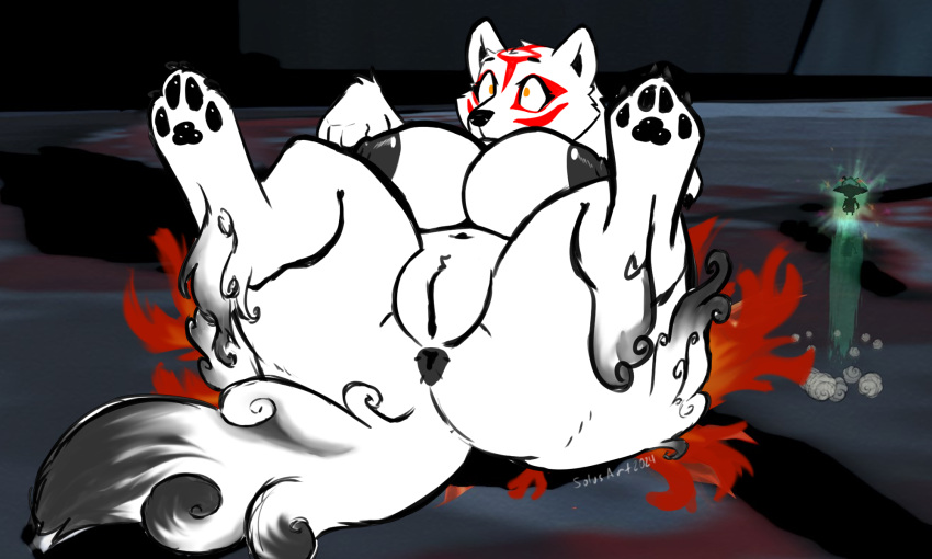 alrecsolus amaterasu_(okami) anthro anus areola bent_legs big_areola big_breasts big_butt black_anus black_areola black_markings black_nose black_pawpads breasts butt canid canine canis capcom claws clover_studio eyebrows eyelashes female fire fur genitals hi_res legs_up looking_offscreen lying mammal markings navel nipples okami_(capcom) on_back orange_eyes pawpads paws plump_labia pussy raised_eyebrow red_markings surprised_expression tail thick_thighs white_body white_fur wolf