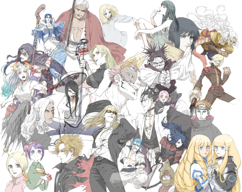 6+boys 6+girls absurdres antennae black_pants black_wings bleach blonde_hair blue_eyes blue_hair braid breasts character_request choso_(jujutsu_kaisen) conis copyright_request cu_chulainn_(caster)_(fate) cu_chulainn_(fate) cu_chulainn_alter_(fate) daybit_sem_void dianna_soreil eyepatch facial_mark fate/grand_order fate_(series) fingernails ghost_in_the_shell green_kimono grimmjow_jaegerjaquez gundam hair_over_one_eye hair_tubes highres holding holding_hands holding_staff holding_weapon hole_on_body hood hood_down hood_up horns japanese_clothes jujutsu_kaisen juliet_sleeves kihel_heim kimono king_(one_piece) kurozumi_tama kusajishi_yachiru kusanagi_motoko kusuriuri_(dark) long_sleeves mask mononoke multiple_boys multiple_girls naruto_(series) nnoitra_gilga one_piece orange_hair orange_horns pain_(naruto) pants pink_hair puffy_sleeves ryoumen_sukuna_(jujutsu_kaisen) ryoumen_sukuna_(true_form)_(jujutsu_kaisen) scar scar_on_face shiso_i4 short_hair sideboob sleeveless sleeveless_kimono staff tengen_toppa_gurren_lagann tezcatlipoca_(fate) tongue tongue_out tongue_tattoo tsukumo_yuki_(jujutsu_kaisen) turn_a_gundam uchiha_madara viral_(ttgl) weapon white_kimono white_pants wings yamato_(one_piece) zaraki_kenpachi