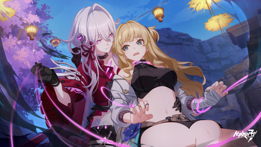 2girls bandaged_hand bandages bare_shoulders black_gloves black_shirt blonde_hair blue_eyes breasts bright_pupils commentary crop_top gloves hair_intakes highres holding holding_needle honkai_(series) honkai_impact_3rd jacket long_hair looking_at_another medium_breasts midriff multiple_girls navel needle night night_sky off_shoulder official_art open_clothes open_jacket outdoors purple_eyes red_shirt shirt sitting sky sleeveless sleeveless_shirt smile songque_(honkai_impact) stomach thelema_(honkai_impact) thighs very_long_hair white_hair white_jacket white_pupils