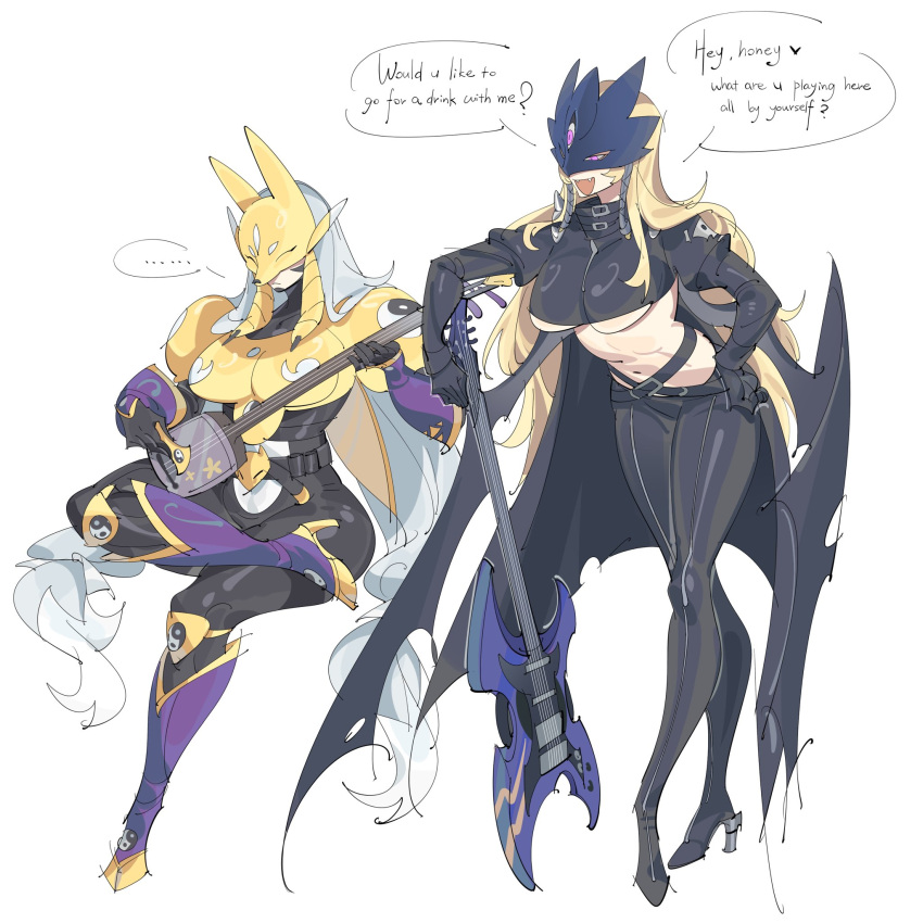 ... 2girls ankle_gun armor beelstarmon black_bodysuit black_coat black_pants bodysuit boots breastplate breasts coat covered_eyes crop_top digimon digimon_(creature) electric_guitar english_text eye_mask facial_mark fangs fox_mask gold_armor guitar hand_on_own_hip heart high_heel_boots high_heels highres holding holding_guitar holding_instrument instrument large_breasts mask multiple_girls open_mouth pants purple_eyes purple_footwear sakuyamon shamisen shoulder_plates simple_background speech_bubble spoken_heart third_eye underboob white_background white_hair zocehuy