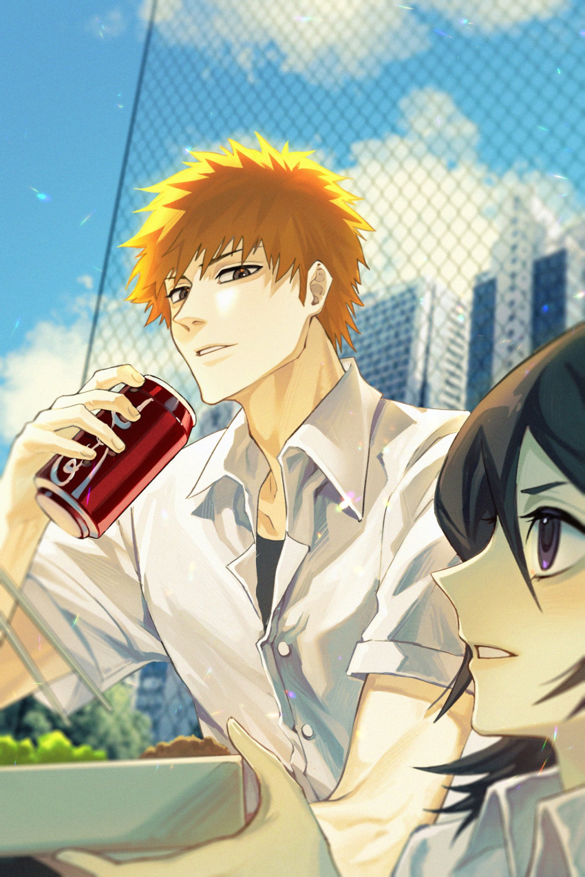 1boy 1girl absurdres bento black_hair black_undershirt bleach blue_sky brown_eyes can chain-link_fence chopsticks cloud coca-cola collarbone collared_shirt drink_can fence hair_between_eyes highres holding holding_bento holding_can kuchiki_rukia kurosaki_ichigo looking_at_another open_mouth orange_hair outdoors purple_eyes school_uniform shirt short_sleeves sky skyline soda_can spiked_hair takenokoqvq white_shirt