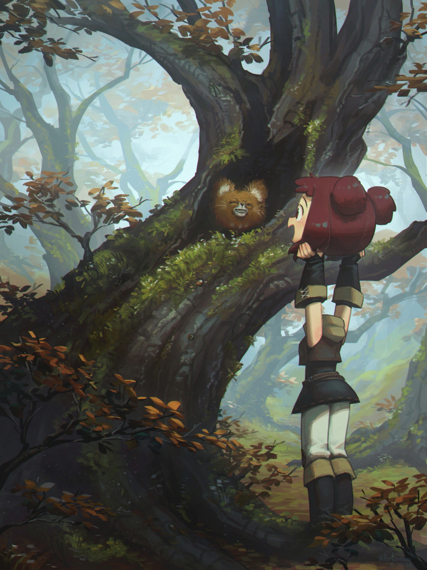 1girl absurdres animal boots disembodied_head dullahan enne_(porforever) fantasy fingerless_gloves forest gloves highres holding_own_head nature original porforever red_eyes red_hair short_twintails sleeveless tree twintails