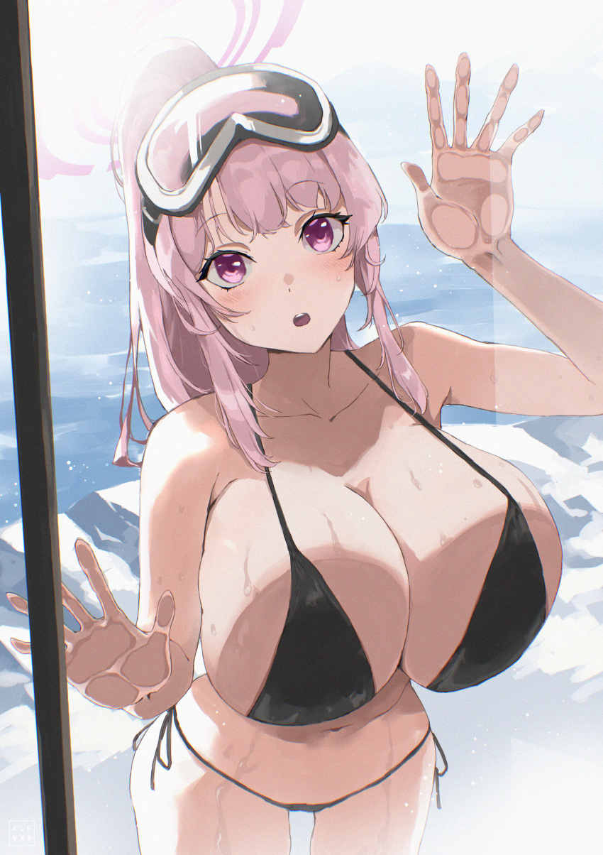 1girl :o absurdres against_glass artist_logo bare_arms bare_shoulders bikini black_bikini blue_archive blush bondtanuki breasts chromatic_aberration cleavage collarbone commentary_request day eimi_(blue_archive) eimi_(swimsuit)_(blue_archive) glacier goggles goggles_on_head halo high_ponytail highres huge_breasts long_hair looking_at_viewer navel open_mouth pink_eyes pink_hair pink_halo side-tie_bikini_bottom ski_goggles solo stomach string_bikini swimsuit teeth thighs upper_teeth_only