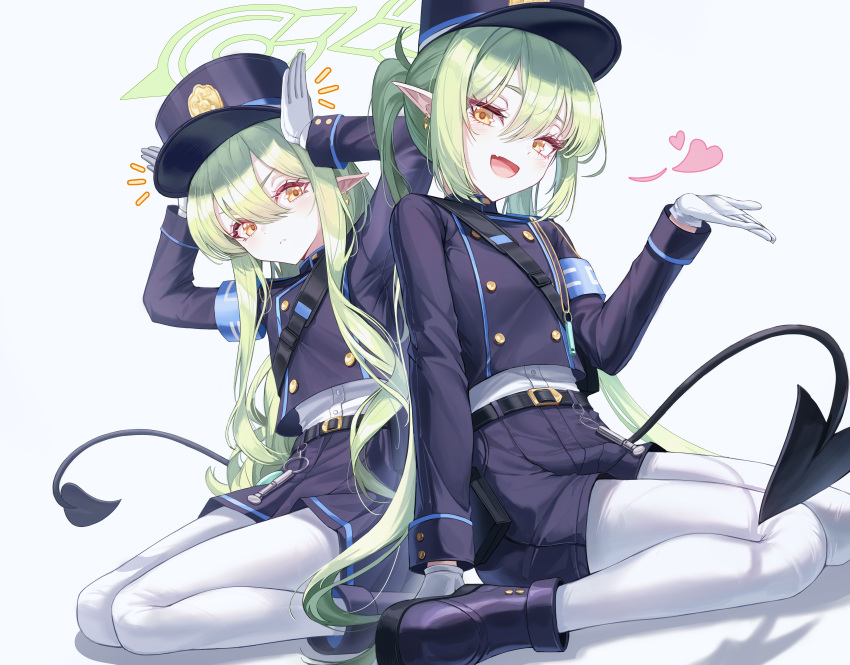 2girls absurdres armband black_footwear black_hat black_jacket black_shorts black_skirt blue_archive blue_armband blush boots buttons closed_mouth commentary cropped_jacket demon_tail double-breasted fang gloves green_hair green_halo halo hands_up hat highres hikari_(blue_archive) jacket k0a long_hair long_sleeves looking_at_viewer miniskirt multiple_girls nozomi_(blue_archive) open_mouth pantyhose peaked_cap pleated_skirt pointy_ears shirt short_shorts shorts siblings sisters sitting skin_fang skirt smile symbol-only_commentary tail twins wariza white_background white_gloves white_pantyhose white_shirt yellow_eyes