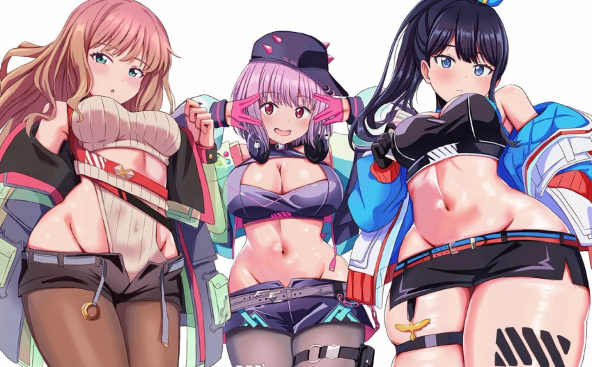 3girls bare_shoulders belly belt black_gloves black_hair black_skirt blue_eyes blue_jacket blush breasts brown_hair chain cleavage cleavage_cutout closed_mouth clothing_cutout cowboy_shot crop_top cropped_jacket gloves green_eyes gridman_universe gridman_universe_(film) groin hair_between_eyes hair_ribbon half_gloves halterneck hands_in_pockets hat headphones headphones_around_neck jacket large_breasts leg_tattoo long_hair long_sleeves looking_at_viewer lowleg lowleg_shorts medium_breasts microskirt midriff minami_yume multicolored_clothes multicolored_jacket multiple_girls navel nootomo off_shoulder official_alternate_costume official_alternate_hairstyle open_clothes open_jacket open_mouth pantyhose pink_gloves pocket ponytail pouch purple_belt purple_hair purple_hat purple_jacket purple_shirt purple_shorts red_eyes ribbon salute shinjou_akane shiny_skin shirt shoes short_hair short_shorts shorts sidelocks simple_background skindentation skirt sleeveless sleeveless_shirt smile sneakers socks ssss.dynazenon ssss.gridman standing takarada_rikka tattoo thick_thighs thigh_pouch thigh_strap thighhighs thighs vulcan_salute white_background white_footwear white_jacket wide_hips