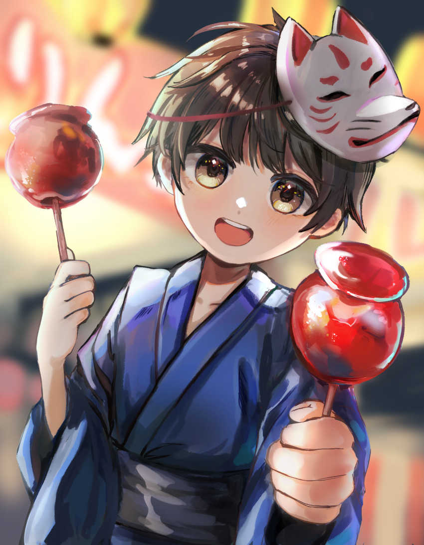 1boy black_hair blush brown_eyes candy_apple child food fox_mask highres japanese_clothes kanasun12_30 kimono looking_at_viewer male_focus mask mask_on_head open_mouth original outdoors short_hair smile solo