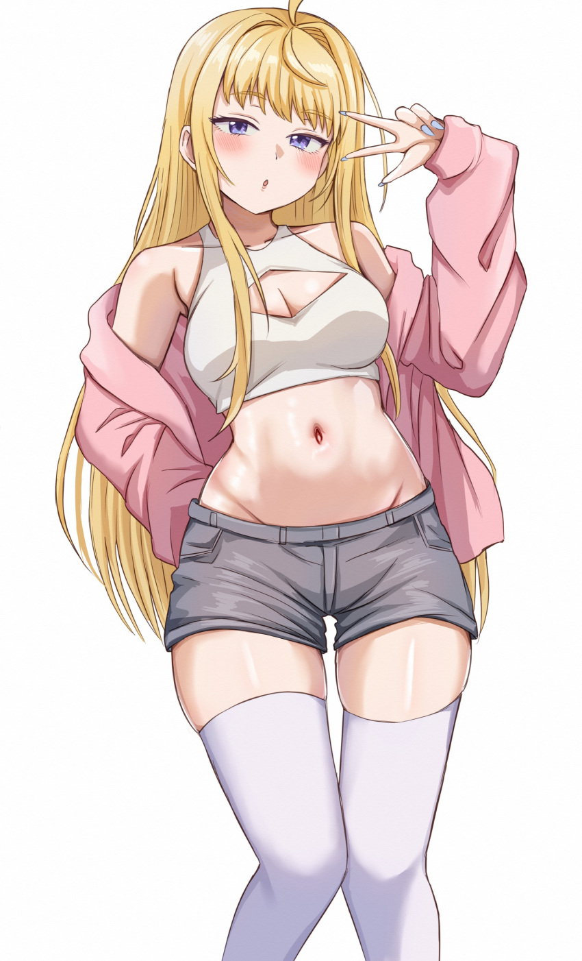 1girl :o absurdres ahoge bare_shoulders blonde_hair blue_nails blush breasts cleavage cleavage_cutout clothing_cutout crop_top dosanko_gal_wa_namaramenkoi feet_out_of_frame fingernails fuyuki_minami grey_shorts groin hair_intakes half-closed_eyes hand_up highres jacket knees_together_feet_apart long_hair long_sleeves looking_at_viewer medium_breasts midriff nail_polish navel nootomo off_shoulder open_clothes open_jacket parted_lips pink_jacket purple_eyes sharp_fingernails shiny_skin shorts simple_background skindentation sleeves_past_wrists solo standing stomach straight_hair tank_top thigh_gap thighhighs v white_background white_tank_top white_thighhighs