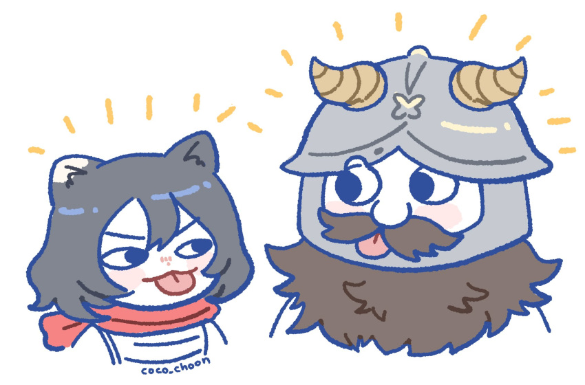 1boy 1girl :p beard black_hair blush brown_hair cat_girl chibi coco_choon cropped_torso dungeon_meshi dwarf eye_contact facial_hair fake_horns happy_aura helmet highres horned_helmet horns izutsumi long_beard looking_at_another senshi_(dungeon_meshi) thick_mustache tongue tongue_out very_long_beard