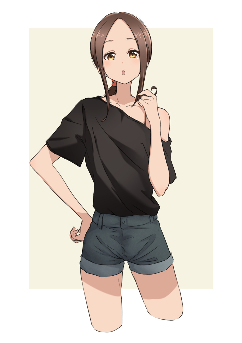 1girl :o absurdres black_shirt border breasts brown_eyes brown_hair forehead grey_shorts hair_ornament highres karakai_jouzu_no_takagi-san long_hair looking_at_viewer nishizuki_shino open_mouth shirt shorts simple_background single_off_shoulder small_breasts solo takagi-san white_border yellow_background yellow_eyes