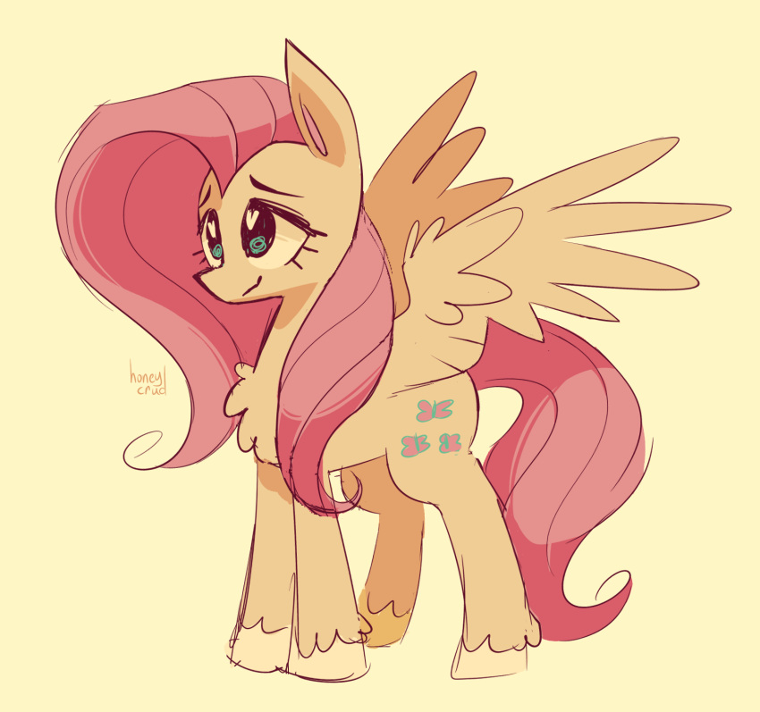 2023 closed_smile equid equine female fluttershy_(mlp) friendship_is_magic fur hair hasbro heart_eyes heart_symbol hi_res honeycrud hooves mammal mouth_closed my_little_pony mythological_creature mythological_equine mythology pegasus pink_hair pink_tail simple_background smile solo standing tail tuft wings yellow_background yellow_body yellow_fur yellow_tuft