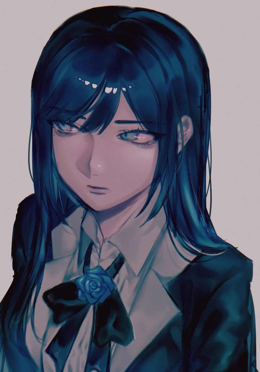 1girl 77_(leu3_x) ado_(utaite) black_bow black_bowtie black_coat blue_eyes blue_flower blue_hair blue_rose bow bowtie breasts chando_(ado) closed_mouth cloud_nine_inc coat collared_shirt dark_blue_hair flower flower_brooch grey_background highres long_hair medium_breasts mole mole_under_eye open_clothes open_coat rose shirt sidelocks solo upper_body utaite white_shirt