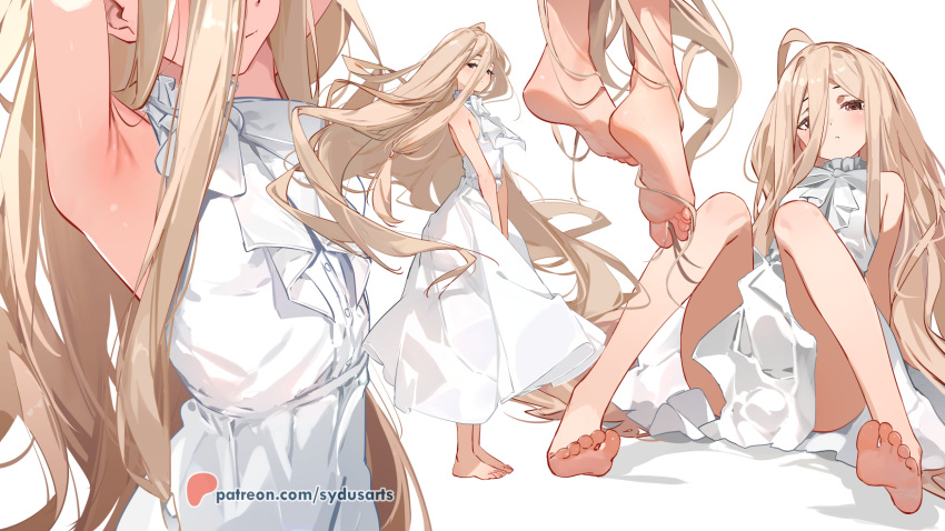 1girl absurdly_long_hair ahoge armpits arms_up artist_name bare_legs barefoot brown_eyes brown_hair closed_mouth dress feet hair_between_eyes highres legs long_hair looking_at_viewer no_shoes patreon_logo patreon_username sense_(sousou_no_frieren) sitting soles solo sousou_no_frieren standing sydus toes very_long_hair white_dress