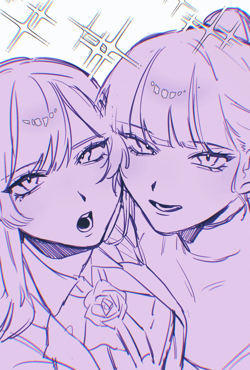 2girls 77_(leu3_x) ado_(utaite) chando_(ado) cheek-to-cheek cloud_nine_inc commentary company_connection flower_brooch heads_together highres long_hair looking_at_viewer mole mole_under_eye monochrome multiple_girls open_mouth ponytail purple_theme sparkle symbol-only_commentary teeth utaite yoshino_(utaite)