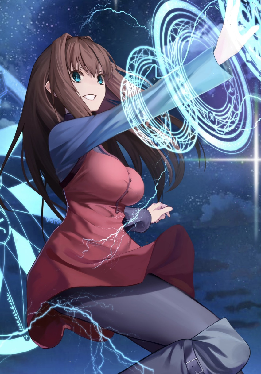 1girl aozaki_aoko blue_eyes blue_shirt breasts brown_hair casting_spell dress fate/grand_order fate_(series) genshu_doki hair_intakes highres large_breasts long_hair long_sleeves magic_circle mahou_tsukai_no_yoru pants pantyhose red_dress shirt smile solo turtleneck