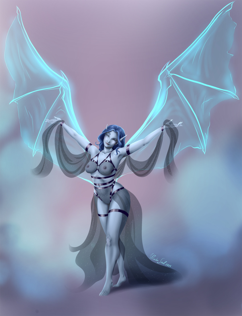big_breasts blue_body breasts claws clothing dungeons_and_dragons elf female finger_claws hair hasbro hi_res humanoid lingerie nipples not_furry nude simple_background smile solo tattoo underwear wings wintersoul wizards_of_the_coast