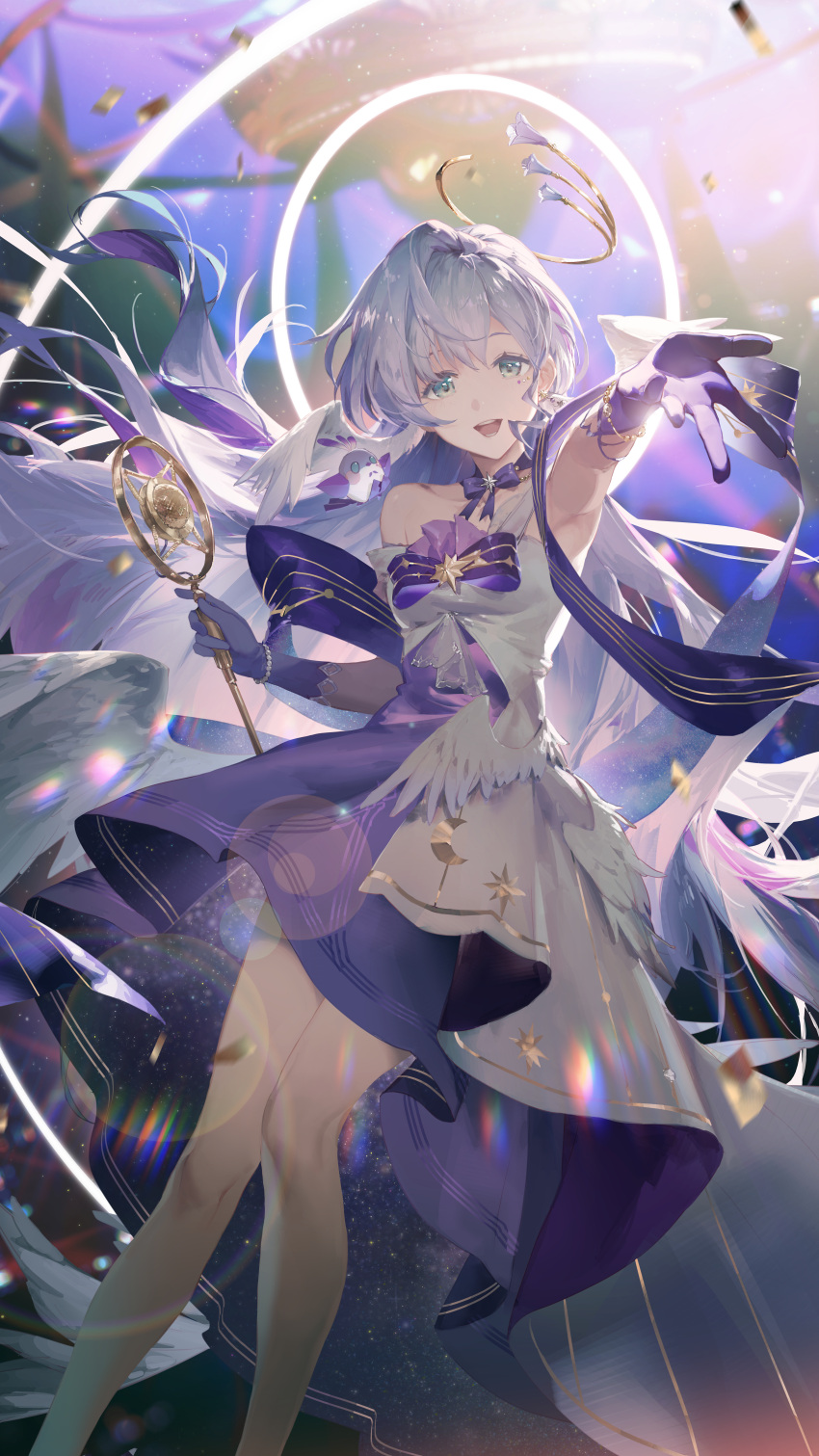 1girl absurdres armpits bare_shoulders bird bracelet breasts choker dress feet_out_of_frame floating_hair gloves green_eyes grey_hair head_wings highres holding holding_microphone_stand honkai:_star_rail honkai_(series) jewel_under_eye jewelry light_particles long_hair looking_at_viewer medium_breasts microphone_stand official_art open_mouth pearl_bracelet purple_dress purple_gloves reaching reaching_towards_viewer ribbon_choker robin_(honkai:_star_rail) solo spencer_sais strapless strapless_dress teeth two-tone_dress white_dress wings
