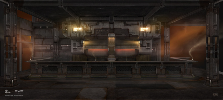 artist_name bar_(place) brown_theme commentary company_name concept_art copyright_name counter eve_online georg_hilmarsson glowing indoors logo minmatar_republic_(eve_online) no_humans official_art realistic rust science_fiction smoke spacecraft_interior