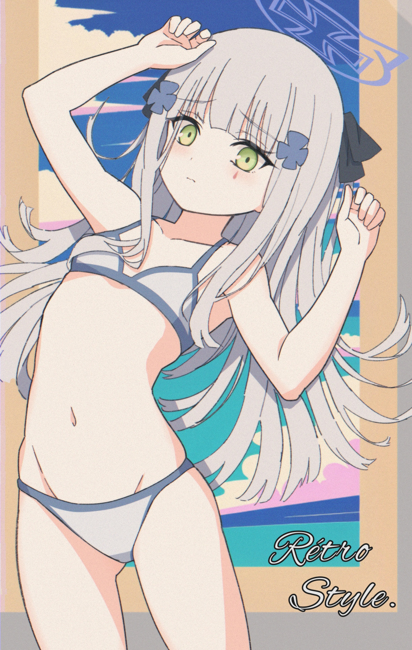 1girl absurdres aged_down bikini blue_archive blue_halo blush breasts closed_mouth collarbone english_text film_grain girls'_frontline green_eyes hair_ribbon halo hands_up highres hk416_(black_kitty's_gift)_(girls'_frontline) hk416_(girls'_frontline) long_hair looking_at_viewer navel ribbon small_breasts solo swimsuit uchikata_takeaki white_hair