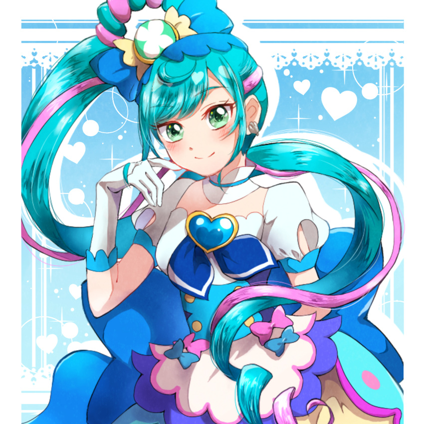 1girl back_bow blue_bow blue_dress blue_eyes blue_hair blue_ribbon bow breasts brooch closed_mouth clothing_cutout commentary cure_spicy delicious_party_precure dress earrings fuwa_kokone gloves green_eyes hair_bow hair_bun hair_ornament heart heart_brooch highres huge_bow jewelry long_hair looking_at_viewer magical_girl multicolored_hair pink_hair precure puffy_short_sleeves puffy_sleeves ribbon rope short_sleeves side_ponytail small_breasts smile solo standing streaked_hair tanshi_tanshi very_long_hair white_gloves