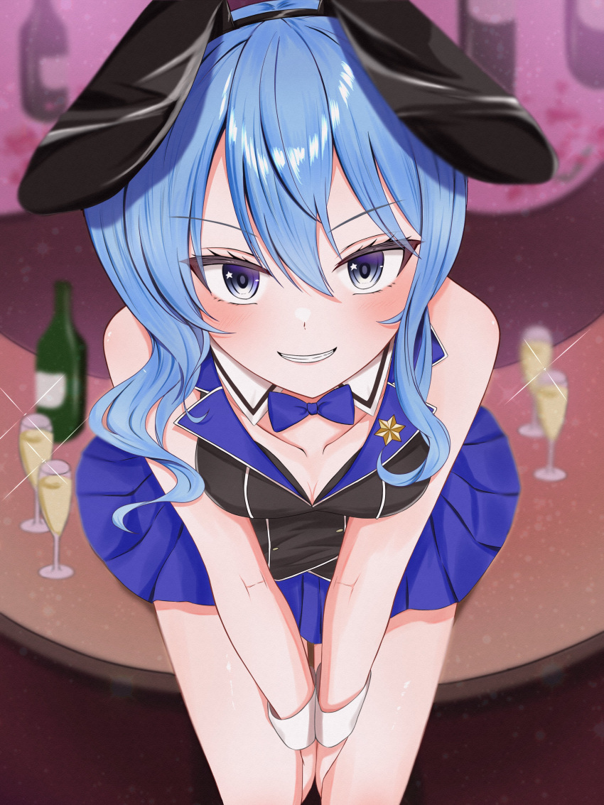 1girl absurdres animal_ears aresiasitennou bare_shoulders between_legs black_vest blue_eyes blue_hair blue_necktie blue_skirt blurry blurry_background blurry_foreground bottle breasts bunny_garden cleavage collarbone cowboy_shot cup detached_collar drinking_glass fake_animal_ears from_above hand_between_legs highres hoshimachi_suisei looking_at_viewer medium_breasts medium_hair miniskirt necktie on_table playboy_bunny pleated_skirt rabbit_ears sitting skirt solo sparkle star_(symbol) star_in_eye symbol_in_eye table vest wine_glass