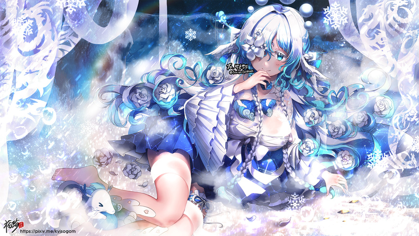 artist_name barefoot blue_eyes blue_skirt blush breasts cleavage closed_mouth commission eyebrows_visible_through_hair hair_over_one_eye highres korean kyjsogom large_breasts long_hair looking_at_viewer lying on_side original pixiv_username skirt smile snowflakes solo twitter_username watermark web_address white_hair