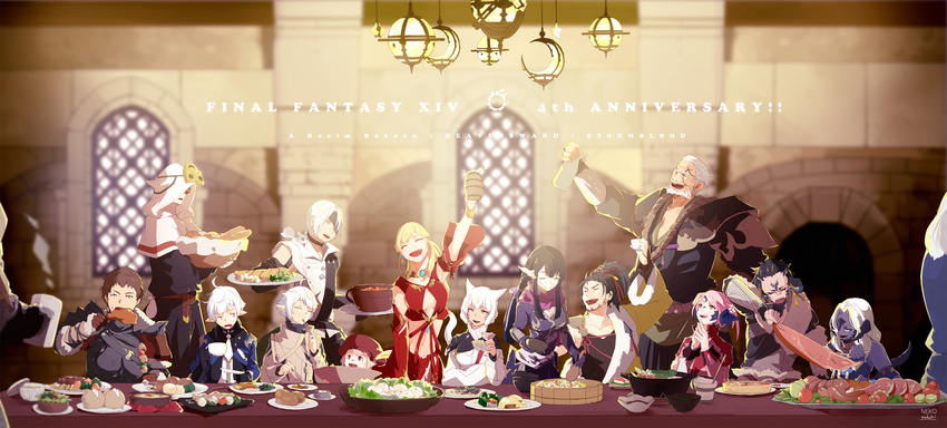 6+girls alcohol alisaie_leveilleur alphinaud_leveilleur animal_ears annotated au_ra beard black_hair black_sclera black_skin breasts brown_hair cat_ears cat_tail cirina_mol cleavage cleavage_cutout closed_eyes dragon_girl dragon_horns dragon_tail eating elezen elf facial_hair facial_mark feast final_fantasy final_fantasy_xiv food gosetsu_everfall green_eyes hat hien_(ffxiv) highres hood horns hyur lalafell lili_mdoki long_hair looking_at_another lyse_hext magnai_oronir midriff miqo'te multiple_boys multiple_girls ninja_(final_fantasy) nutkin pink_hair pointy_ears sadu_dotharl samurai_(final_fantasy) scales short_hair short_ponytail silver_eyes slit_pupils tail tataru_taru tattoo thancred_waters urianger_augurelt warrior_of_light white_hair y'shtola_rhul yugiri_mistwalker