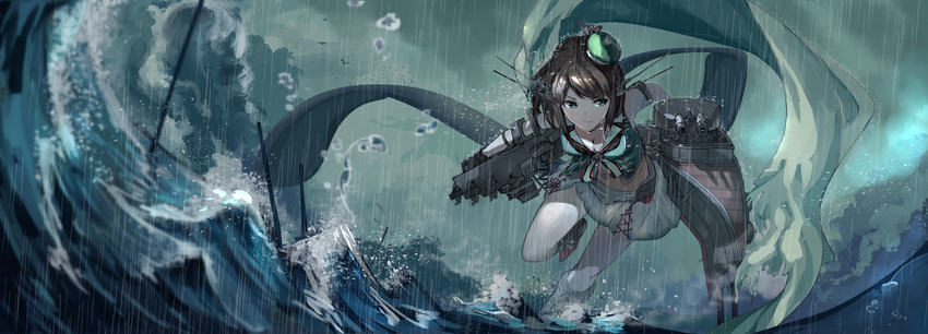 breasts brown_hair cleavage commentary_request fujita_(condor) highres japanese_clothes kantai_collection maya_(kantai_collection) medium_breasts pleated_skirt rain remodel_(kantai_collection) rigging skirt solo storm stormy_waters turret waves