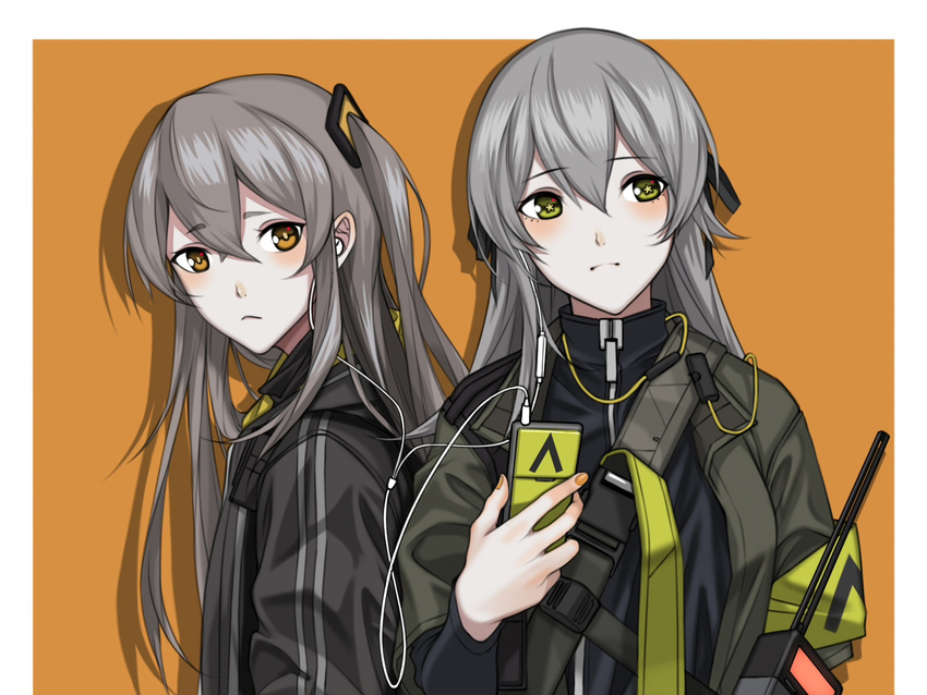 :&lt; black_ribbon blush border brown_eyes closed_mouth commentary earbuds earphones eyebrows_visible_through_hair girls_frontline grey_hair hair_between_eyes hair_ribbon head_tilt holding jacket long_hair long_sleeves looking_at_viewer looking_away looking_up multiple_girls orange_background outside_border ribbon shared_earphones silhouette star star-shaped_pupils symbol-shaped_pupils two_side_up ump40_(girls_frontline) ump45_(girls_frontline) upper_body yellow_eyes yitiao_er-hua