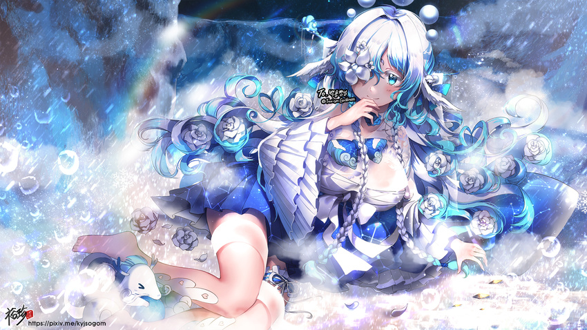 artist_name barefoot blue_eyes blue_skirt blush breasts cleavage closed_mouth commission eyebrows_visible_through_hair hair_over_one_eye highres korean kyjsogom large_breasts long_hair looking_at_viewer lying on_side original pixiv_username skirt smile snowflakes solo twitter_username watermark web_address white_hair
